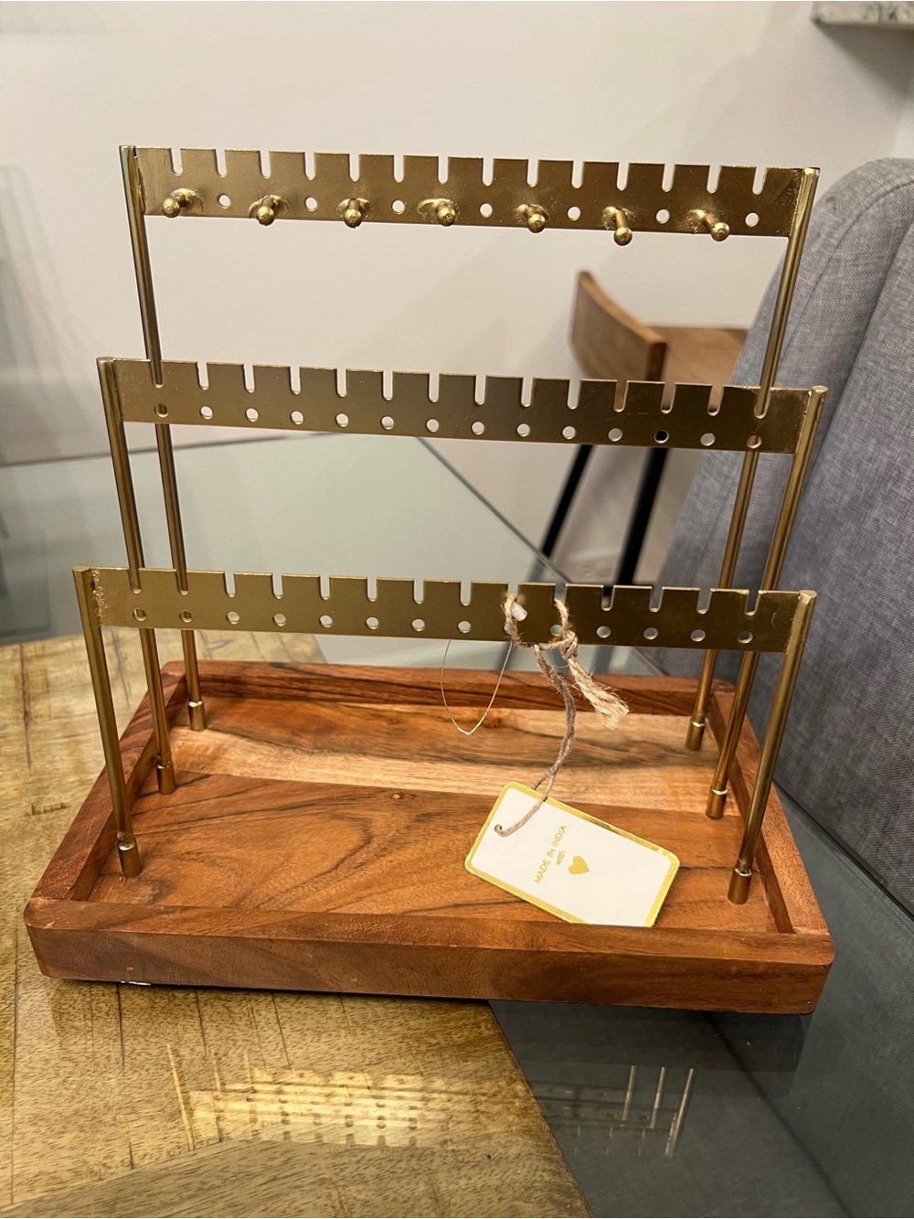 Gold & acacia Wood 3-Tier Jewelry Stand organizer